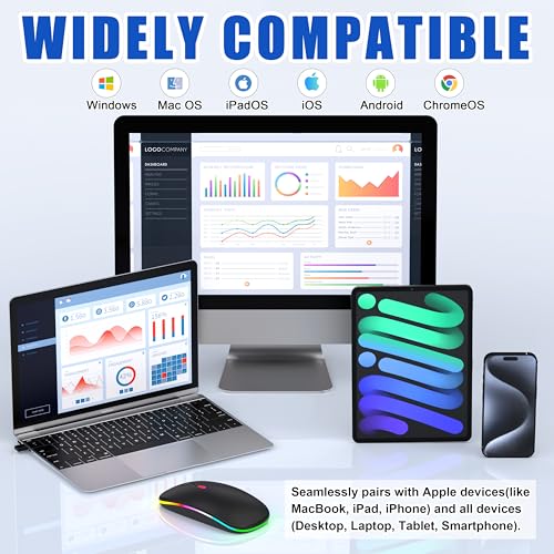 Gizdot-R1 LED Mouse for MacBook Air/iPad/Laptop, Bluetooth Rechargeable Silent Mouse with USB-C, Built-in Mouse Jiggler, 4-Mode Wireless Mouse Compatible with macOS/iOS/Windows/Android - color: Black