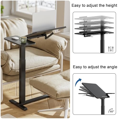 Ywin Medical Overbed Table with Wheels, Lift 27-43in, Black | Steel frame & wood top, 0-60° tilt, rolling casters, 66lb load, pneumatic adjustable height for Bed/hospital/couch/office - color: Black-1, size: 27.6" x 15.8"