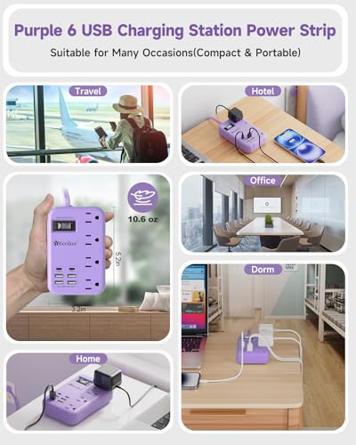 6 USB (2 USB C) Purple Travel Power Strip,5 Feet Lavender Extension Cord | 6 USB,2 USB C,24W USB Charging Station,4 Outlets,Surge Protector,Purple Desk Accessories,Cute Kawaii Office Dorm Room,5 foot - size: Purple-24W USB-5ft-980J