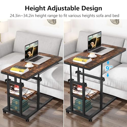 Tribesigns Height Adjustable C Table with Wheels, Mobile Couch Snack Side Table with Tiltable Drawing Board, Sofa Bedside Laptop Stand C Shaped TV Tray with Storage Shelves (Brown) - color: Rustic Brown