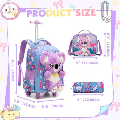 Meetbelify Rolling Backpack for Girls Backpacks with Wheels for Elementary Student Kids School Travel Bag for Girls Ages 6-8 Years Old - color: Purple