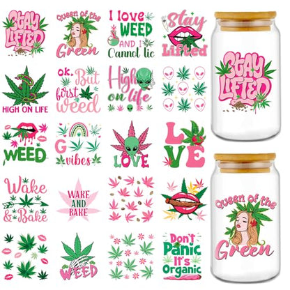 Rngmsi UV DTF Cup Wraps - 20 Sheets 420 Theme UV DTF Decals for 16 oz Glass Mugs, Tumblers, Weed Alien Lip Waterproof Rub on Transfer Stickers for DIY Wood Crafts - style: 420 Theme