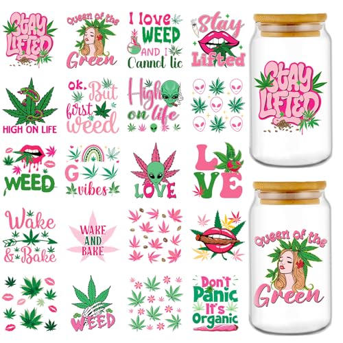 Rngmsi UV DTF Cup Wraps - 20 Sheets 420 Theme UV DTF Decals for 16 oz Glass Mugs, Tumblers, Weed Alien Lip Waterproof Rub on Transfer Stickers for DIY Wood Crafts - style: 420 Theme