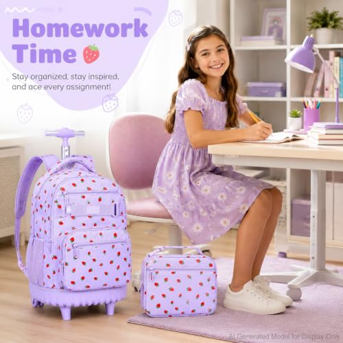 3Pcs Rolling Backpack for Girls, School Roller Bookbag with Wheels, Strawberry Wheeled Backpacks Set for Women (Purple) - color: Purple Strawberry