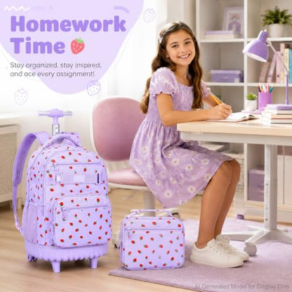 3Pcs Rolling Backpack for Girls, School Roller Bookbag with Wheels, Strawberry Wheeled Backpacks Set for Women (Purple) - color: Purple Strawberry