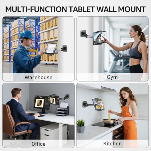 Dual Arm Tablet Wall Mount Ipad Holder, 4.7-13" | 360° Rotation Adjustable, Aluminum Extendable Arm, For iPad mini/Air/Pro/Galaxy Tab/Kindle, Kitchen Home Office - size: 2 Arm-Up to 13"