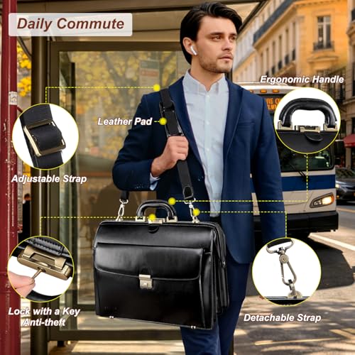 Banuce Leather Briefcase for Men with Anti-Theft Lock Fits 15.6" Laptop | Gradient Coloring Leather,Ergonomic Handle,Expandable,Detachable Shoulder Strap,Office Work,Business Travel - color: Black