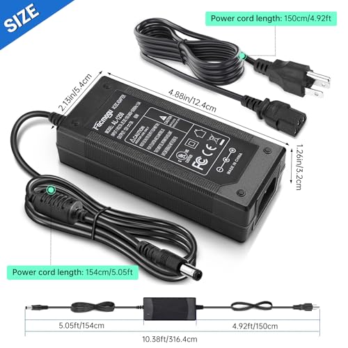 Facmogu 3 Prong 12V 5A 60W AC to DC Power Supply Adapter with 9.84ft / 3m Long Cable, 5.5x2.1mm & 2.5mm Plug, AC 100-240V to DC 12V Switching Transformer Converter for LED Strip LCD Screen - size: 12V 5A (3 Prong Plug)