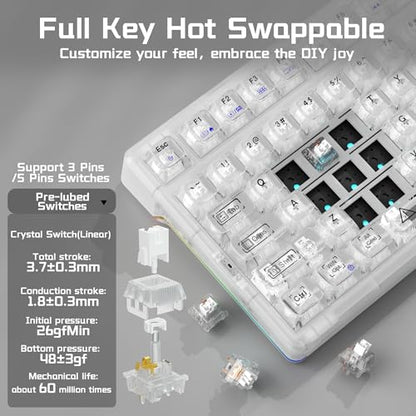 Aula F98Pro V3 Wireless Mechanical Keyboard with Screen & Knob,Tri-Mode Hot Swappable Computer Keyboards,10000mAh Battery,Clear Keycaps RGB Backlit Gasket Mount White Gaming Keyboard for PC/Office - color: White