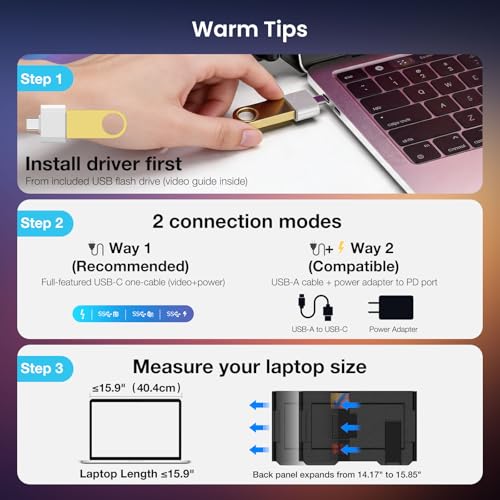 Laptop Screen Extender, 15.6" 1080P FHD IPS Display, One Cable Triple Monitor for 13"-17.3" Laptops, Driver Required, Laptop Monitor Extender Compatible with Windows, All Mac (M1-M5 Included) - size: 15.6“