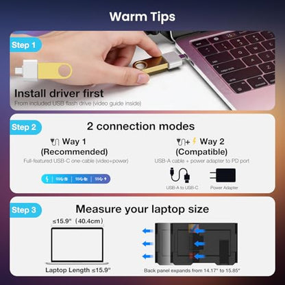 Laptop Screen Extender, 15.6" 1080P FHD IPS Display, One Cable Triple Monitor for 13"-17.3" Laptops, Driver Required, Laptop Monitor Extender Compatible with Windows, All Mac (M1-M5 Included) - size: 15.6“