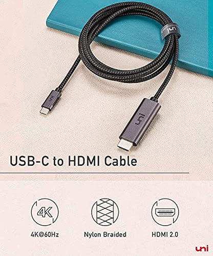 uni USB C to HDMI Cable 3ft 4K@60Hz, ONE-Way MacBook Pro Type-C to TV HDMI | USB Type-C to HDMI, Braided Cable, Thunderbolt 3/4, MacBook Air, iPhone 17 Pro/Max, Samsung S24, Chromebook - size: 3FT