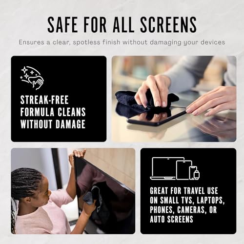 Delete Screen Cleaner Spray Kit 4 Pack 2oz Bottle, 12"x12" Microfiber Cloth | Streak-Free, Safe and Gentle Cleaning Formula, Multi-Purpose for Travel, Small TVs, Cameras, Laptops, Phones, Made in USA - style: 4 Pack, 2oz