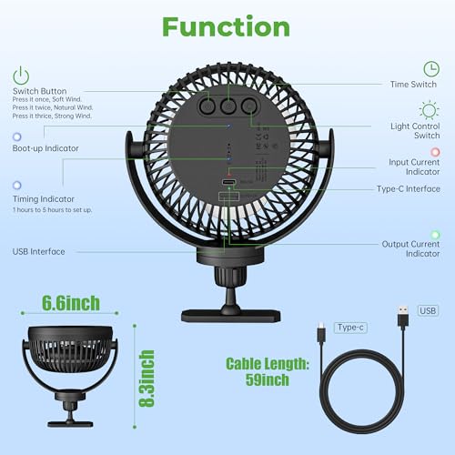10L0L Magnetic Golf Cart Fan, 3-Speed Portable Cooling Fan, 56Hrs Runtime 8000mAh Battery with LED Light & Reverse Charging Function for All Golf Carts