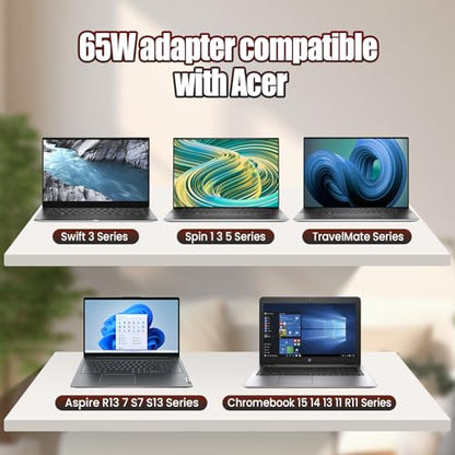 VUOHOEG 65W Chromebook Charger Compatible with Acer C720 C740 CB3-431 CB3-532 CB5-571 C910, Spin 3/5, Switch Alpha 12, Aspire R13 R15 – 3.0x1.1mm Replacement with US Power Cord