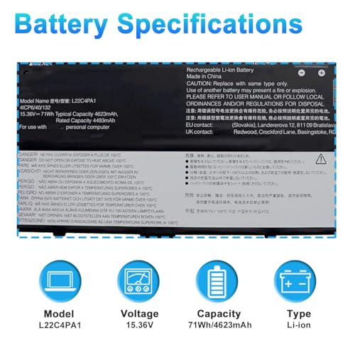 L22C4PA1 L22M4PA1 SB11K38965 Battery Replacement for Lenovo Yoga 7 14ARP8 14IRL8 16IRL8 16ARP8 Yoga 7 2-in-1 14IML9 14AHP9 16IML9 16AHP9 Series L22D4PA1 71Wh 4623mAh 4-Cell - size: 10.63*3.54*0.39inch L22C4PA1