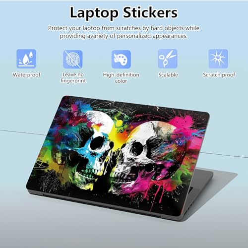 Universal Laptop Skin Sticker with 2 Wrist Pad Skins, Waterproof Scratch Resistant Vinyl Laptop Cover Decal, Cut to Fit for 11–15.6 Inch MacBook HP Dell Lenovo, Color Skull - color: Color Skull