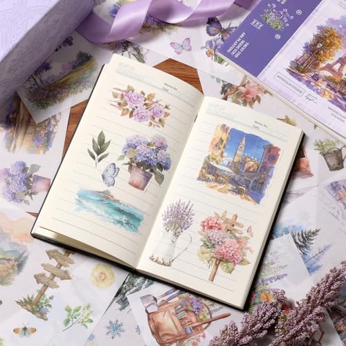 Scrapbook Stickers 50 Sheets Seasonal Landscape Sticker 400 Pre-Cut Washi Stickers Scrapbooking Supplies Collage Decorative DIY Arts Craft Making - color: Purple