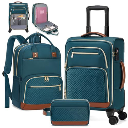 RAINSMORE Carry On Luggage with wheels, Softside Suitcases Set 3 Piece | 22x14x9 Airline Approved, Luggage Sets with Backpack & Toiletry Bag, Rolling Suitcase with TSA Lock, for Travel Weekender - color: Green-Brown