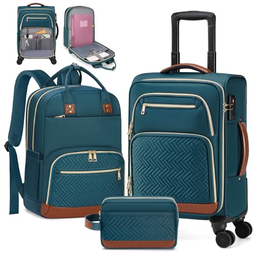 RAINSMORE Carry On Luggage with wheels, Softside Suitcases Set 3 Piece | 22x14x9 Airline Approved, Luggage Sets with Backpack & Toiletry Bag, Rolling Suitcase with TSA Lock, for Travel Weekender - color: Green-Brown