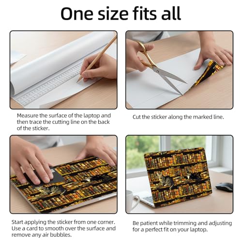 Aesthetic Laptop Skin Sticker, Cats on Book - Filled Shelves Waterproof Vinyl Laptop Decal, Removable Bubble Free, Reusable Protective Cover for 13 14 15 15.6 Inch - color: Cats on Book - Filled Shelves
