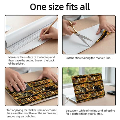 Aesthetic Laptop Skin Sticker, Cats on Book - Filled Shelves Waterproof Vinyl Laptop Decal, Removable Bubble Free, Reusable Protective Cover for 13 14 15 15.6 Inch - color: Cats on Book - Filled Shelves
