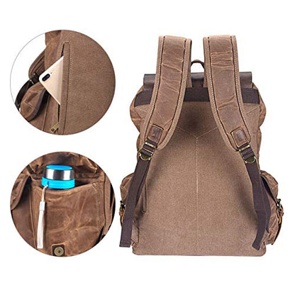 WUDON Leather Backpack for Men, Waxed Canvas Shoulder Rucksack Carry-On Travel Backpack - color: Coffee-regular