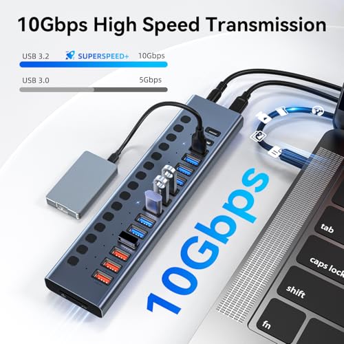 Powered USB Hub 10Gbps, 17 Ports USB 3.2 Hub, 96W Power Adapter | 10 USB-A 3.2, 3 QC 24W Fast Charging, 2 USB-C 3.2, SD/TF, 12V/8A Power Adapter for Laptop, PC, Computer, HDD, Flash Drive - color: Gray