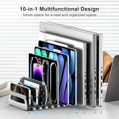 10-Slot Vertical Laptop Stand & Holder – Adjustable Aluminum Laptop Stand Vertical for Desk Fits 10 Devices, MacBook & Gaming Laptops (Up to 17.3”) – Space Saving Laptop Storage Rack - Grey - size: 10 - Slot