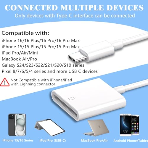 USB C SD Card Reader, Type C Digital Camera Adapter | White, Trail Game Camera Viewer, USB C Memory Card Reader for iPhone 17/16/15,iPad,MacBook,iMac,Galaxy,Android
