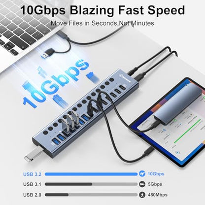 Powered USB 3.2 Hub, 16 Ports Powered USB Hub with 10Gbps Data Speed, USB Hub (8 USB-A 3.2 Ports+8 USB-C 3.2 Ports) with 96W Power Adapter for PC/Laptop, Computer, Flash Drive, Printer, Camera