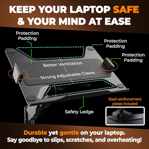 Elevate Pro - Heavy-Duty Standing Laptop Mount for Desk (11"-17.3" - max. 26lbs) Fully Adjustable Gas Spring Arm Stand - Clamp & Grommet Base - Steel Plates for Desk Protection & Stability