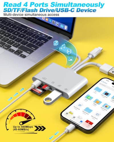 USB Flash Drive Adapter for iPhone iPad - 4-in-1 USB-C OTG Adapter with SD/Micro SD Slots, USB-A & USB-C Flash Drive Ports + Type-C Charging, Transfer Photos from Camera to Phone & Computer