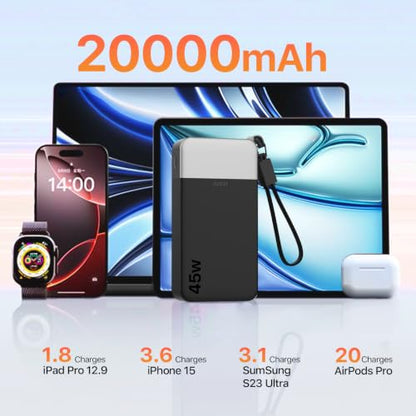 JUOVI Power Bank 45W 20000mAh Portable Charger with Detachable Cable | USB C Fast Charging with 4 Ports, LED Display External Battery Pack for iPad Tablet Switch iPhone Samsung etc - color: Black