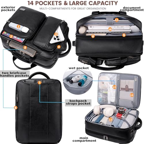weiatas 3-in-1 Vegan Leather Convertible Laptop Bag for Men Women, Expandable Travel Backpack Work Briefcase Messenger Bag | Convertible - color: Black