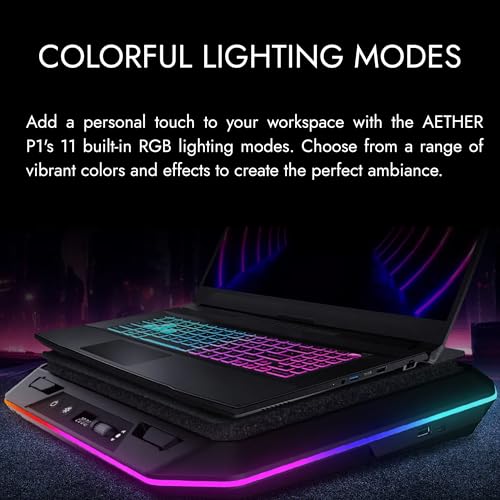 GAMDIAS Black Laptop Cooling Pad for Gaming Laptops up to 19”, Dual 135mm Fans, RGB Lighting, 7 Adjustable Heights, USB-A & USB-C Ports, Phone Stand, Aether P1