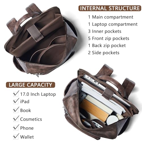 Shrrie Upgraded Large Travel Laptop Backpack with Laptop Compartmetn Fits 17 inch Laptop,Waterproof Vegan Leather Computer Backpack for Women and Men Work Business College - color: Two-toned Coffee