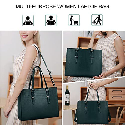 Laptop Bag for Women 15.6 Inch Crocodile Leather Tote Bag Water-resistant Work Briefcase Business Computer Shoulder Bag for Travel Teacher Nurse Professional Handbag - color: Dark Green