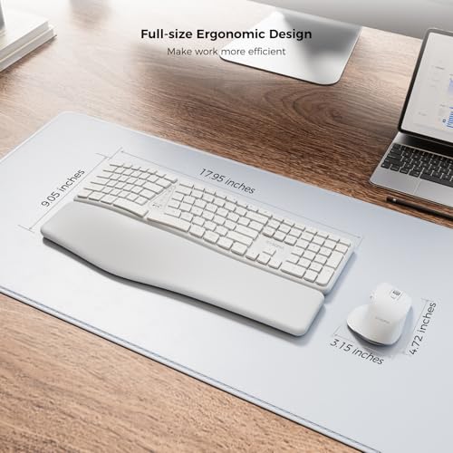 Ergonomic Keyboard Mouse Wireless Combo, Full Size Bluetooth Split Keyboard with Wrist Rest, 4 Level DPI Ergo Mouse for Windows Mac OS Computer, White - color: White
