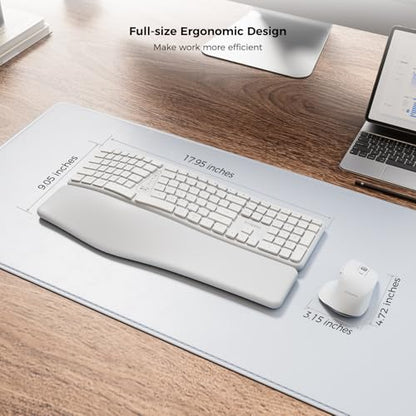 Ergonomic Keyboard Mouse Wireless Combo, Full Size Bluetooth Split Keyboard with Wrist Rest, 4 Level DPI Ergo Mouse for Windows Mac OS Computer, White - color: White