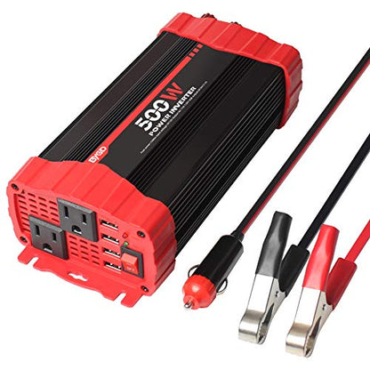 BYGD 500W Power Inverter, Car Charger Adpater DC 12V to AC 110V Car Power Converter 4 USB Quick Charging Ports and Dual AC Outlets Car Charger Adpater with Cigarette Lighter Cable and Battery Clamps - size: 500W