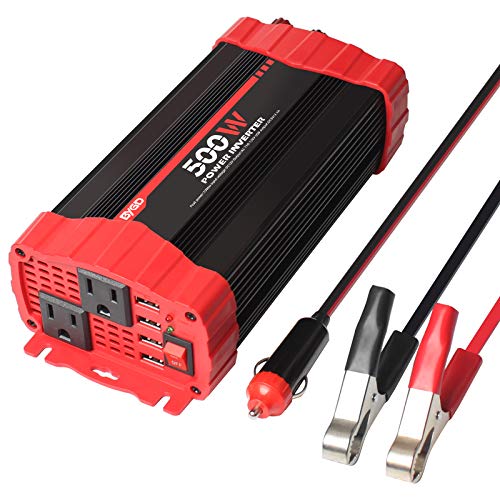 BYGD 500W Power Inverter, Car Charger Adpater DC 12V to AC 110V Car Power Converter 4 USB Quick Charging Ports and Dual AC Outlets Car Charger Adpater with Cigarette Lighter Cable and Battery Clamps - size: 500W