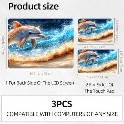 Ocean Wave Dolphin Universal Laptop Skin Sticker 3PCS, Protective Decal Trim-to-Fit 11.6" 13.3" 14" 15.6" Laptop Vinyl Cover, Removable Anti-Scratch Computer Decal Protector - color: Ocean Wave Dolphin