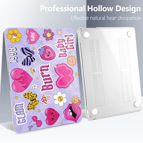 Batianda LumiArt Case for MacBook Air 13.6" M2-M5 Chip, Y2K Sticker | 4-in-1 set with cute fun Y2K sticker design, ultra slim hard shell protection for girls, teens, students and fun style lovers - color: Y2K Pink Collage