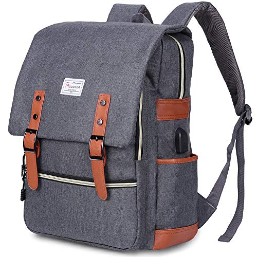 Modoker Vintage Canvas Backpack with USB Port, Fits 15.6 Inch Laptop | Eco-friendly canvas backpack with durable construction. Comfortable straps for travel, work, or daily use. - color: Classic Grey