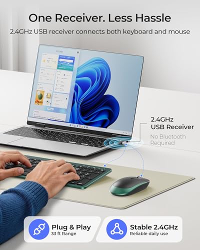 seenda Rechargeable Wireless Keyboard and Mouse Combo, Dark Green | Quiet, slim full-size keyboard with numpad, 2.4GHz USB receiver, USB-C charging, 3-level DPI mouse for Windows PCs/laptops - color: Dark Green