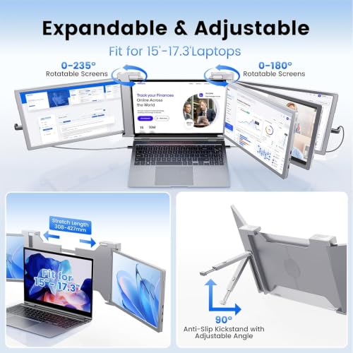 15.6'' 1080P FHD Laptop Screen Extender, Portable Monitor for 15"-17" Laptop with USB-C/HDMI Port, Plug-Play Monitor Extender for Triple Display for Mac/Windows Remote Work & Multitasking