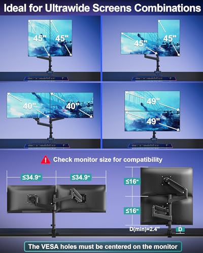 MOUNT PRO Dual Monitor Arm for Max 49" Ultrawide Screens up to 44 lbs, Heavy Duty Extra Tall Monitor Desk Mount, Vertical Stacked Adjustable Dual Monitor Mount, VESA Mount 75x75mm/100x100mm - size: Max 49" Gas Spring