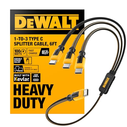 DEWALT 100W Smart USB-C to USB-C Splitter – Data Transfer & Fast Charging | 1-to-3 Output, Kevlar Reinforced, 6ft Heavy-Duty for Laptop, MacBook, iPad, Android, Samsung, iPhone, Works w/Carplay