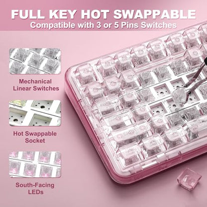 YUNZII X98 QMK/VIA Wireless Mechanical Gaming Keyboard with Knob,Tri-Mode BT5.0/USB-C/2.4GHz Hot Swappable Keyboard,Pre-lubed Switches Gasket Mount RGB Backlit for Wins/Mac (Pink, Crystal Switch) - color: Pink, size: Crystal Switch